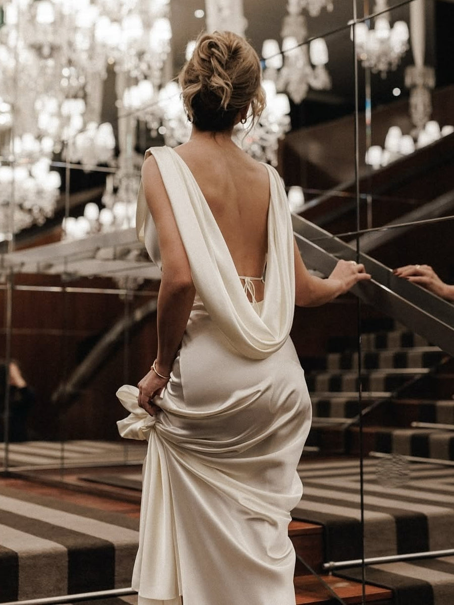 Robe De Mariée Forme Cylindre/Gaine, Col Rond Creux, Froncé, Avec Laçage au Dos, Longueur Au Sol, Plissé, Sans Manches
