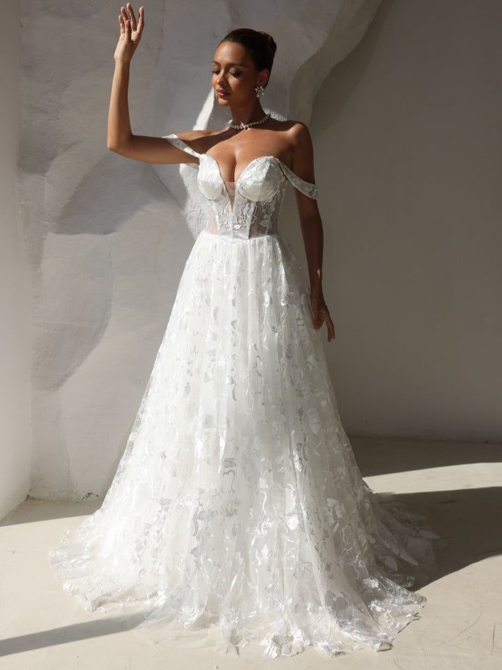 Robe De Mariée Forme A/Princesse, Décolleté Cœur, Dentelle, Traîne Légère