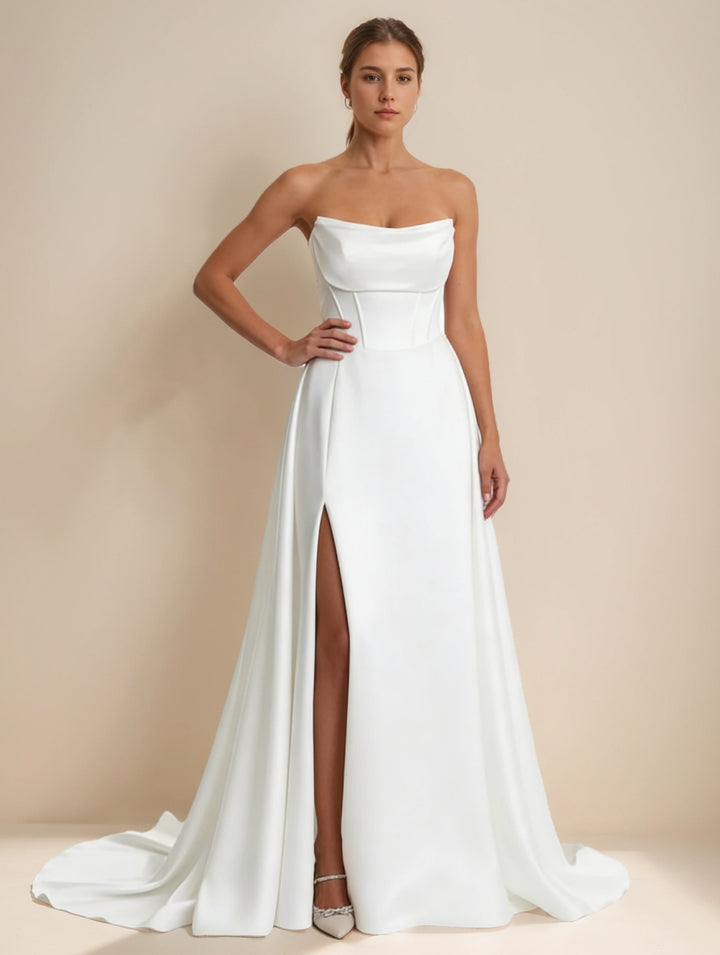 Robe De Mariée Forme A/Princesse, Sans Bretelles, Satin Blanc, Avec Fente Latérale, Longueur Au Sol, Traîne Légère
