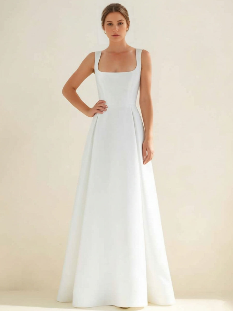 Robe De Mariée Forme A/Princesse, Col Carré, Satin, Longueur Au Sol, Sans Manches, Blanc
