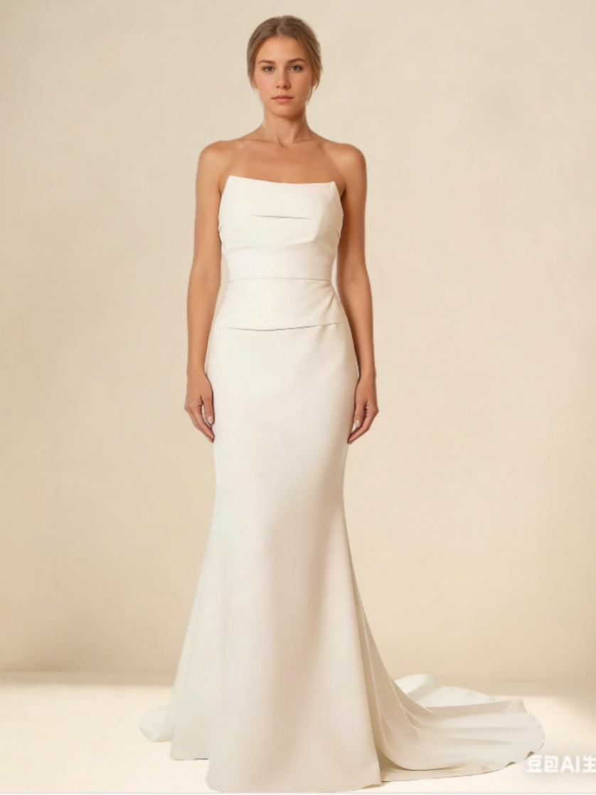 Robe De Mariée Forme Trompette/Sirène, Sans Bretelles, Satin de Soie, Longueur Au Sol, Traîne Légère, Lacets au Dos, Froncé