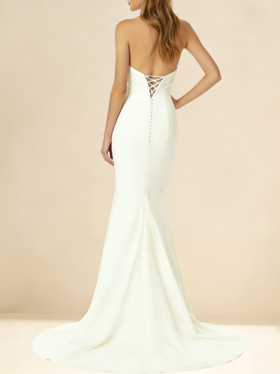 Robe De Mariée Forme Trompette/Sirène, Sans Bretelles, Satin de Soie, Longueur Au Sol, Traîne Légère, Lacets au Dos, Froncé