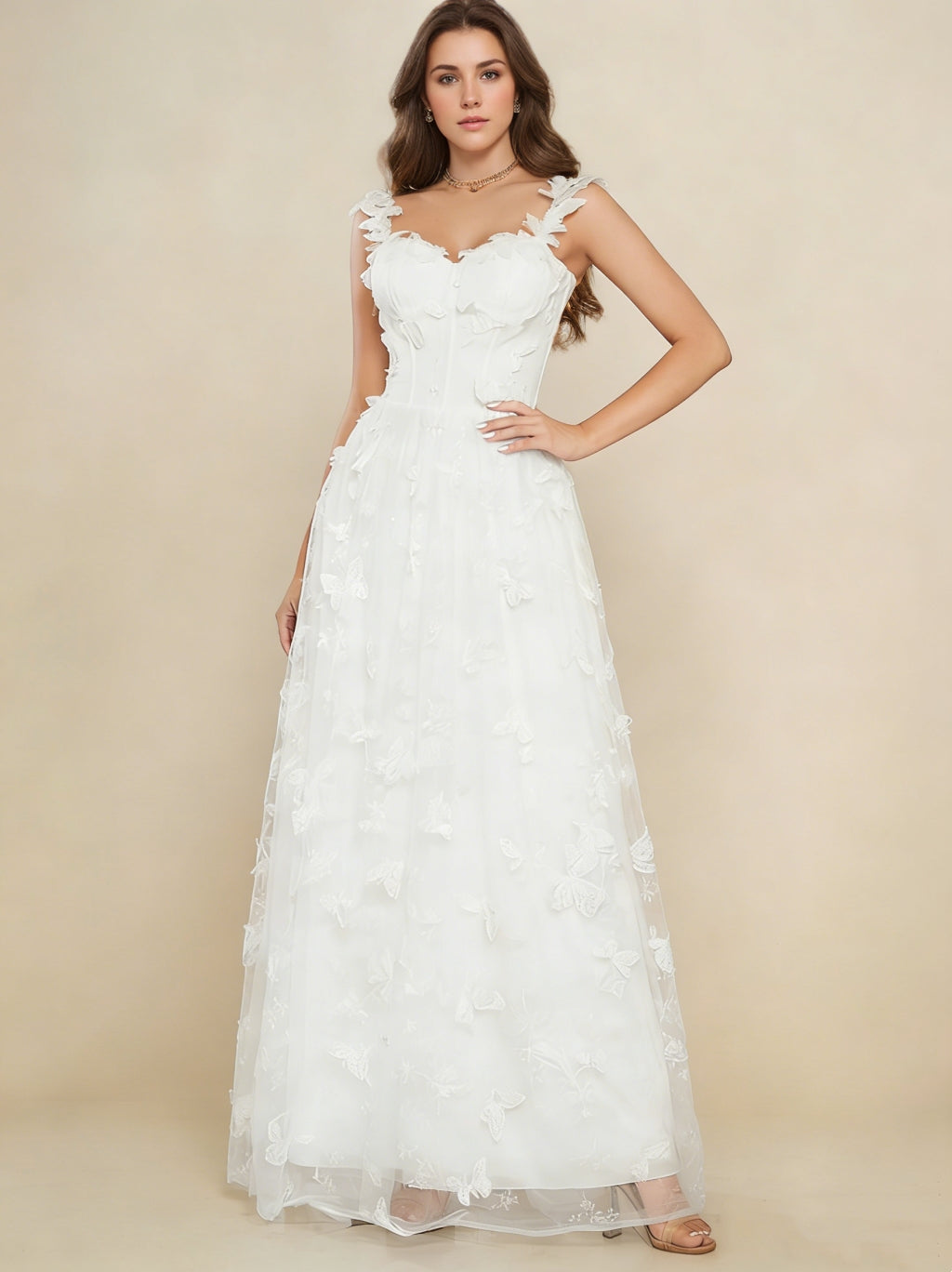 Robe De Mariée Forme A/Princesse, Décolleté Cœur, Dentelle, Papillons 3D, Longueur Au Sol, Sans Manches