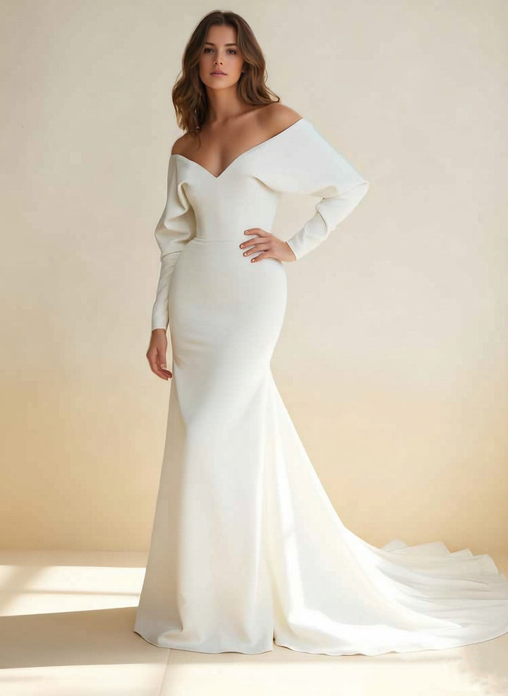 Robe De Mariée Forme Trompette/Sirène, Hors de l'épaule, Satin Élastique, Col Plongeant, Longueur Au Sol, Traîne Courte, Manches Longues