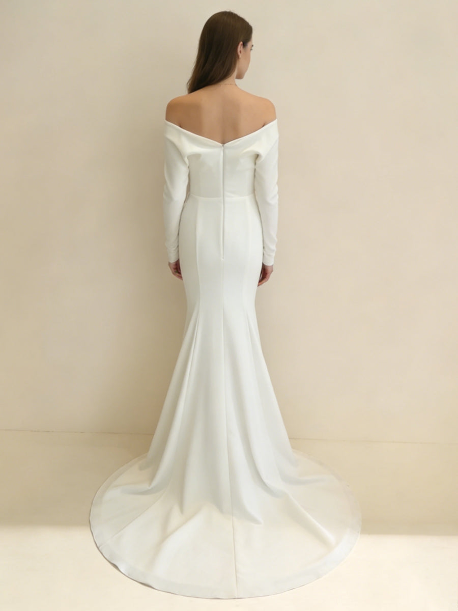 Robe De Mariée Forme Trompette/Sirène, Hors de l'épaule, Satin Élastique, Col Plongeant, Longueur Au Sol, Traîne Courte, Manches Longues