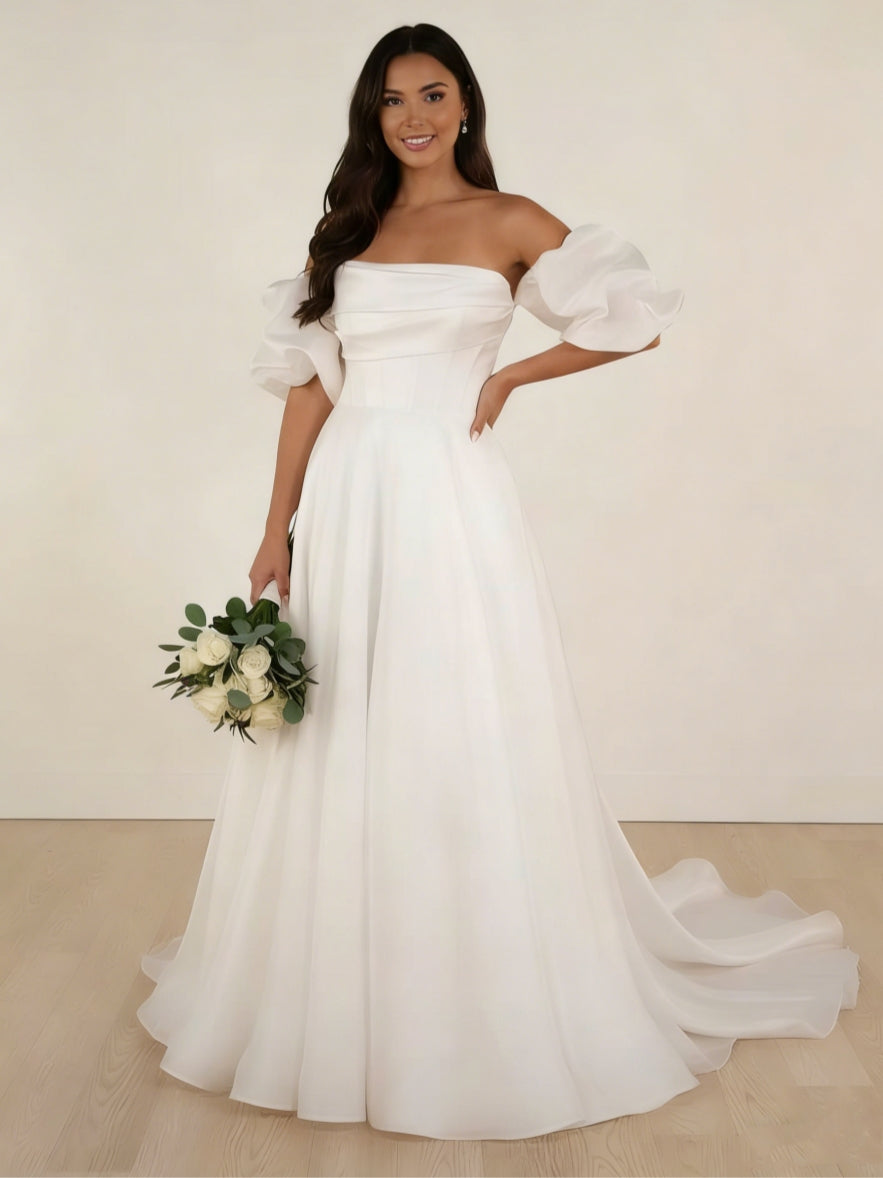 Robe De Mariée Forme A/Princesse, Hors de l'épaule, Satin, Longueur Au Sol, Traîne Courte, Manches Amovibles, Froncé