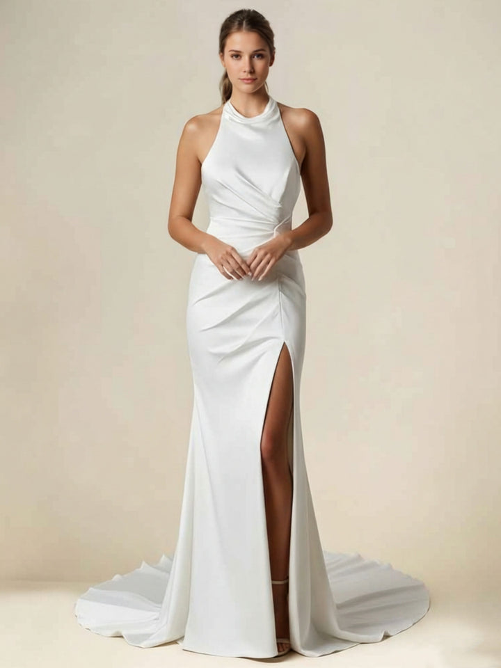 Robe De Mariée Forme Trompette/Sirène, Col Licou, Satin, Avec Fente Haute, Longueur Au Sol, Traîne Légère, Sans Manches, Plissé