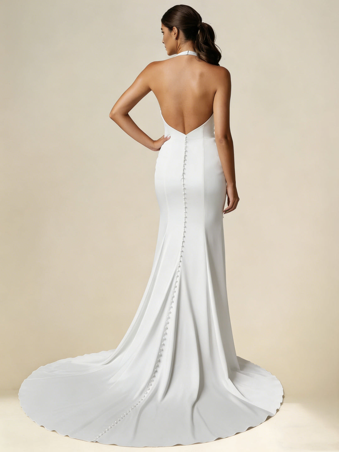Robe De Mariée Forme Trompette/Sirène, Col Licou, Satin, Avec Fente Haute, Longueur Au Sol, Traîne Légère, Sans Manches, Plissé