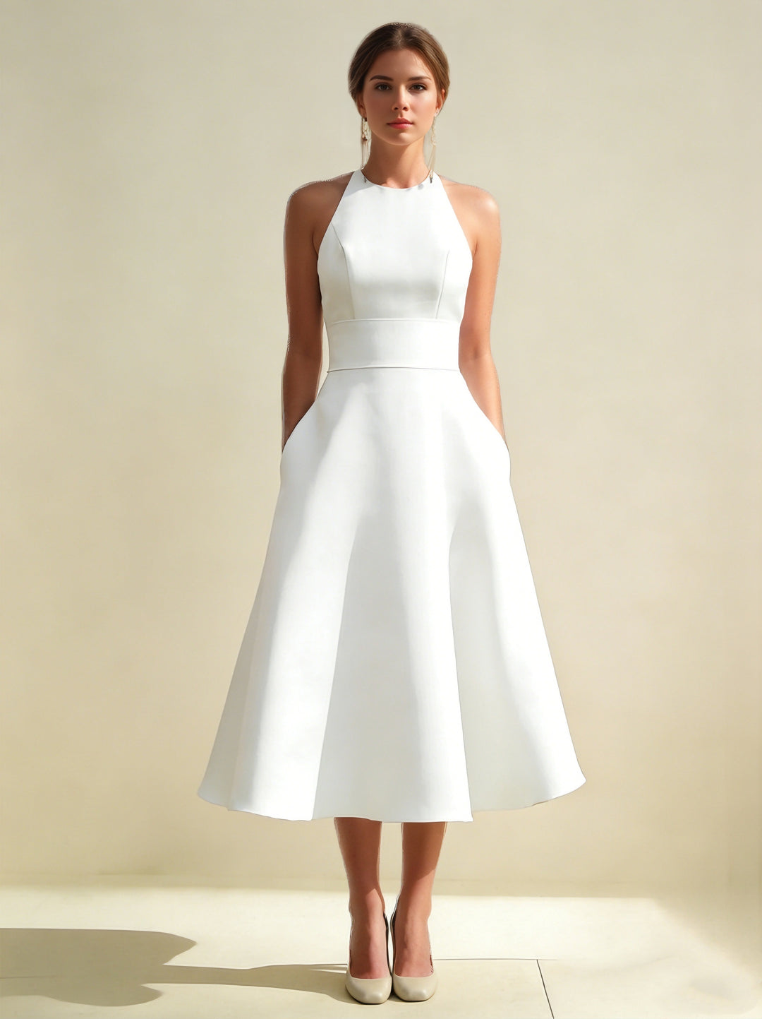 Robe De Mariée Forme A/Princesse, Col Licou, Satin, Longueur Du Thé, Sans Manches, Avec Poches, Dos Ajouré Dentelle