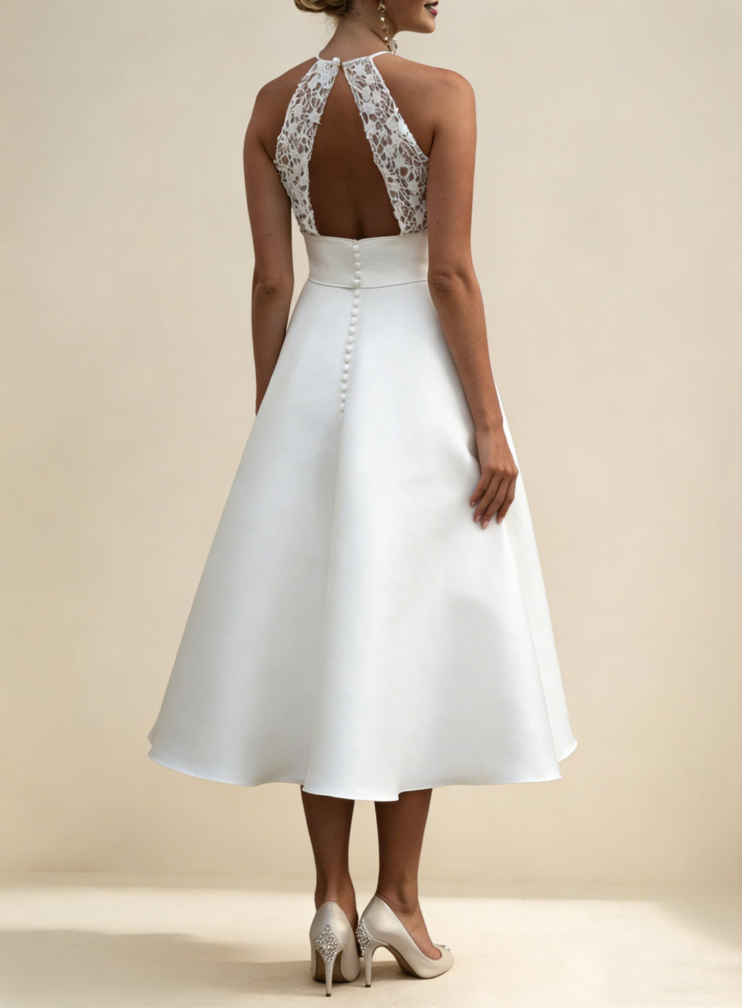 Robe De Mariée Forme A/Princesse, Col Licou, Satin, Longueur Du Thé, Sans Manches, Avec Poches, Dos Ajouré Dentelle