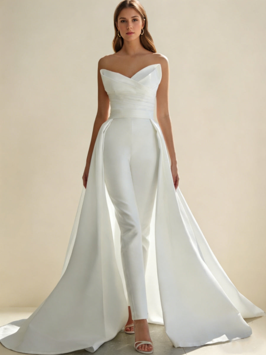 Robe Mariée Combinaison/Pantalon, Décolleté Cœur, Satin, Sans Manches, Surjupe Amovible Avec Nœud