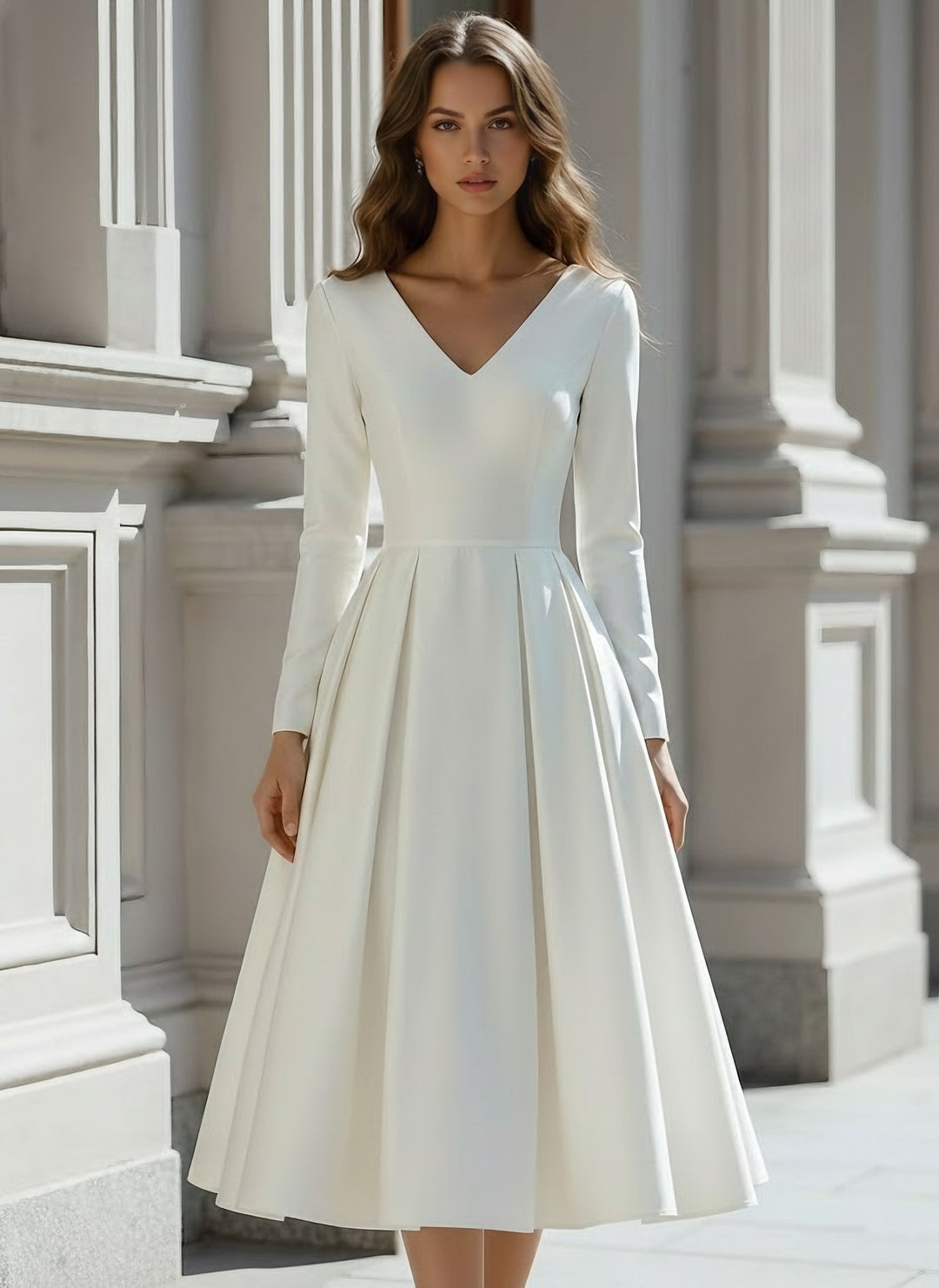 Robe De Mariée Forme A/Princesse, Col V, Satin, Longueur Du Thé, Manches Longues