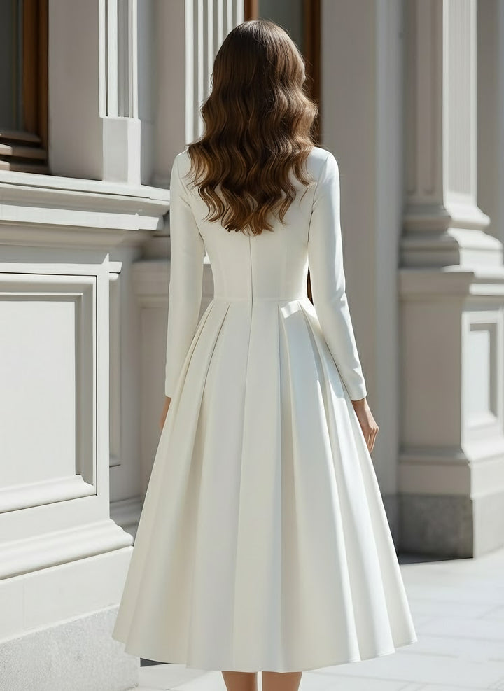 Robe De Mariée Forme A/Princesse, Col V, Satin, Longueur Du Thé, Manches Longues