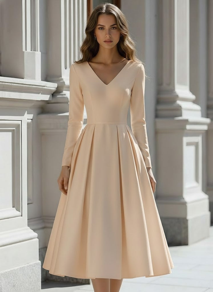 Robe De Mariée Forme A/Princesse, Col V, Satin, Longueur Du Thé, Manches Longues
