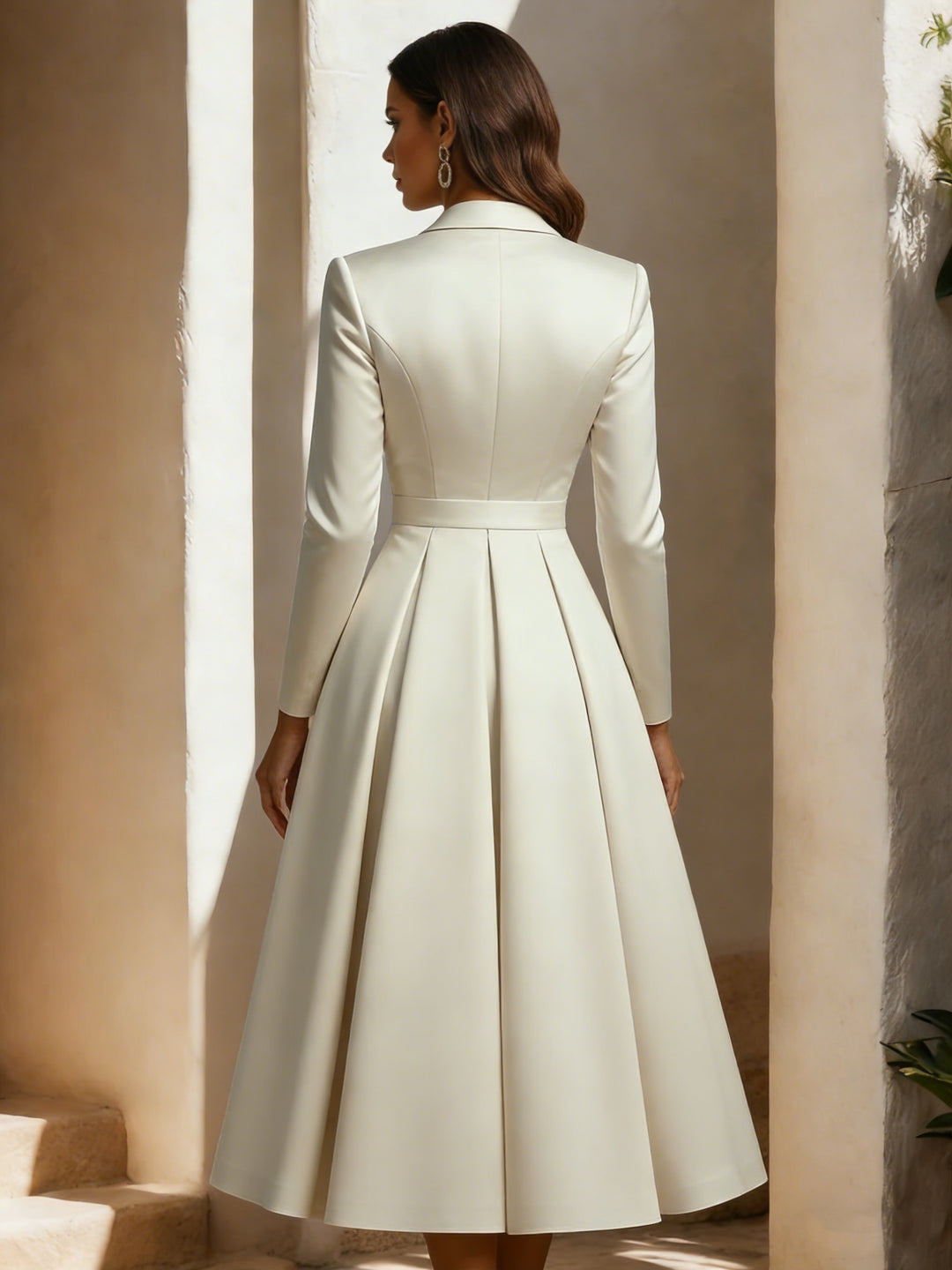 Robe De Mariée Forme A/Princesse, Col Chemise, Satin, Avec Ceinture, Longueur Du Thé, Manches Longues