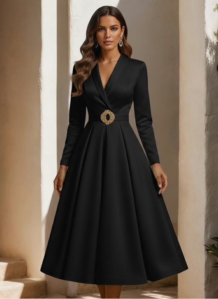 Robe De Mariée Forme A/Princesse, Col Chemise, Satin, Avec Ceinture, Longueur Du Thé, Manches Longues