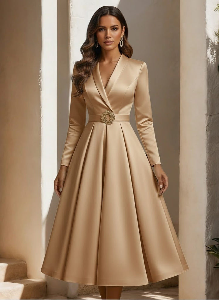 Robe De Mariée Forme A/Princesse, Col Chemise, Satin, Avec Ceinture, Longueur Du Thé, Manches Longues