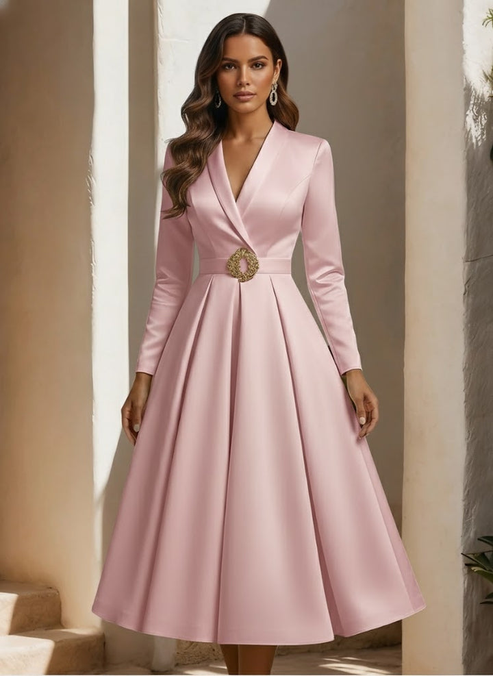 Robe De Mariée Forme A/Princesse, Col Chemise, Satin, Avec Ceinture, Longueur Du Thé, Manches Longues