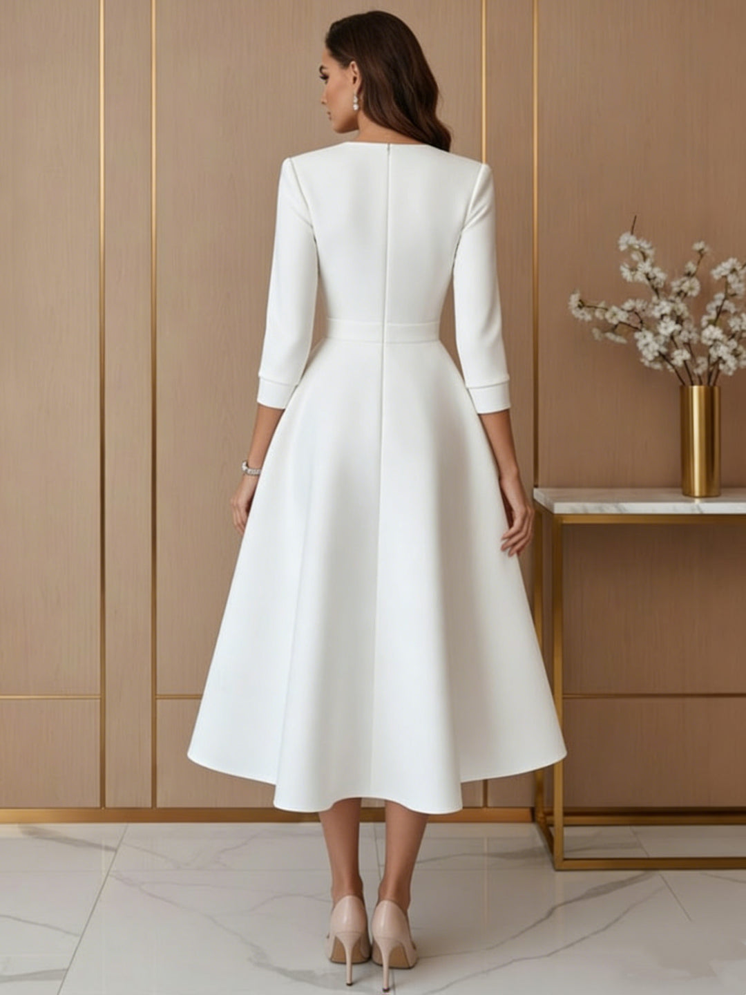 Robe De Mariée Forme A/Princesse, Col V, Satin, Longueur Du Thé, Manches 3/4
