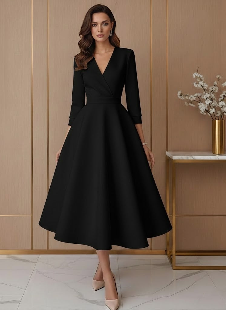 Robe De Mariée Forme A/Princesse, Col V, Satin, Longueur Du Thé, Manches 3/4