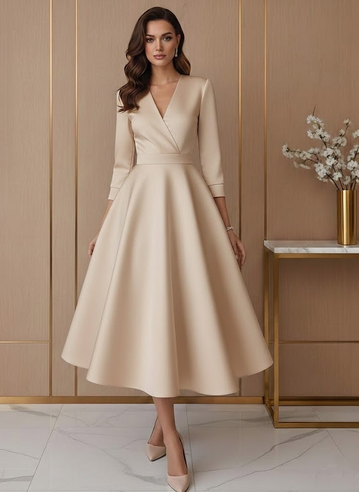 Robe De Mariée Forme A/Princesse, Col V, Satin, Longueur Du Thé, Manches 3/4