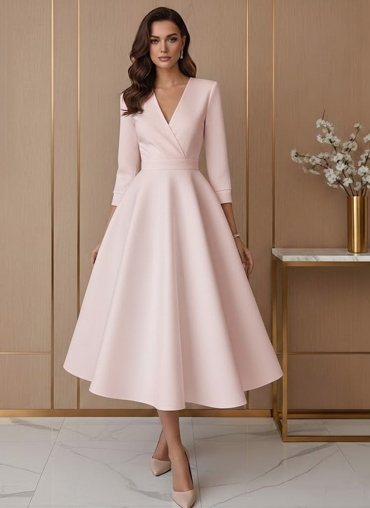 Robe De Mariée Forme A/Princesse, Col V, Satin, Longueur Du Thé, Manches 3/4