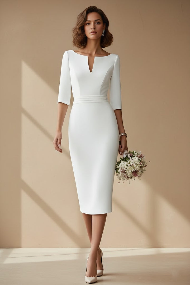 Robe De Mariée Forme Cylindre/Gaine, Col Cowl, Satin, Longueur Du Thé, Demi-Manches, Ceinture