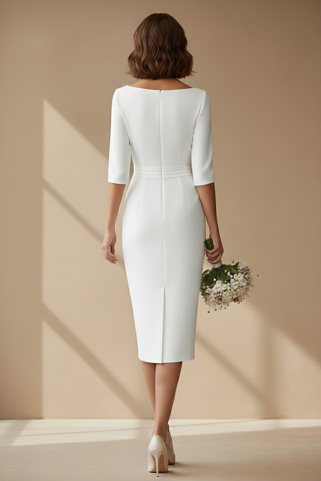 Robe De Mariée Forme Cylindre/Gaine, Col Cowl, Satin, Longueur Du Thé, Demi-Manches, Ceinture