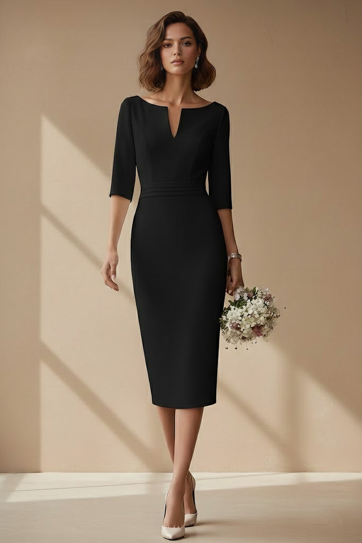 Robe De Mariée Forme Cylindre/Gaine, Col Cowl, Satin, Longueur Du Thé, Demi-Manches, Ceinture
