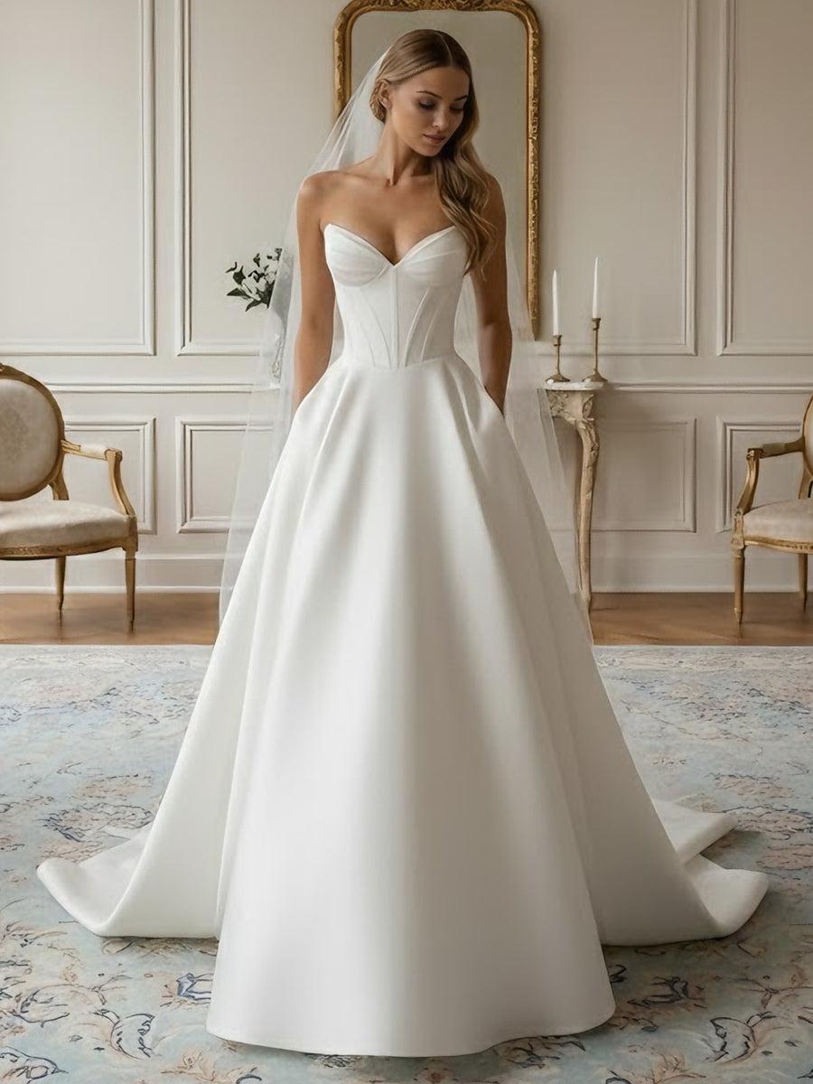 Robe De Mariée Forme A/Princesse, Sans Bretelles, Satin, Longueur Au Sol, Traîne Légère