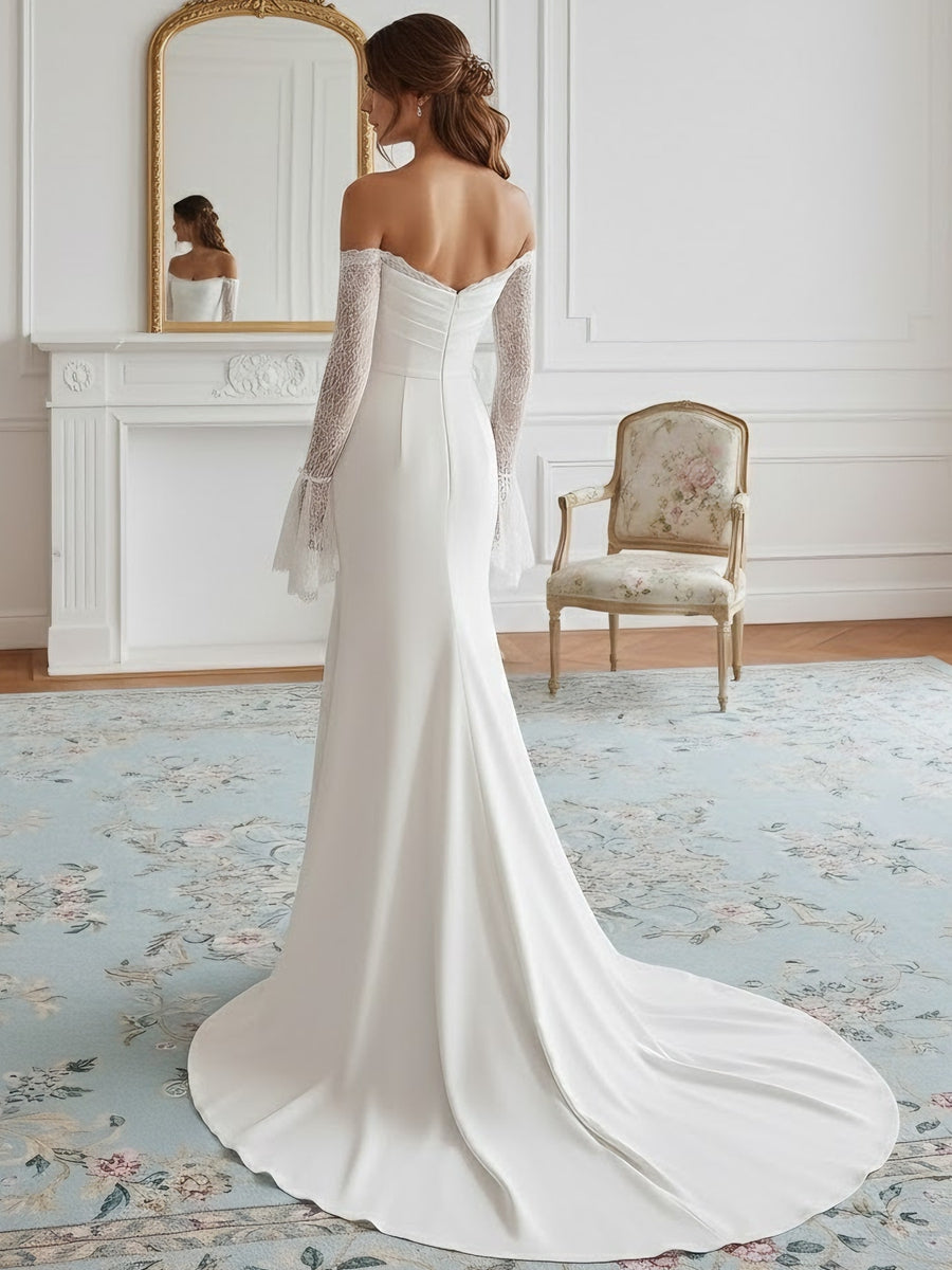 Robe De Mariée Forme Trompette/Sirène, Sans Bretelles, Satin De Soie, Longueur Au Sol, Traîne Légère, Dentelle, Manches Longues