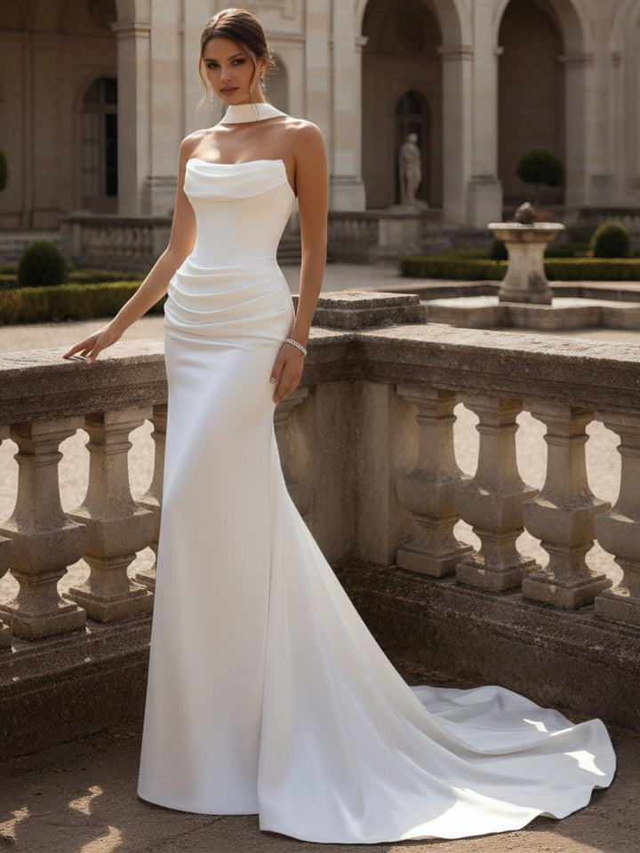 Robe De Mariée Forme Trompette/Sirène, Sans Bretelles, Avec Foulard, Satin, Longueur Au Sol, Traîne Légère, Froncé