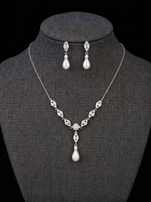Ensemble de Bijoux de Mariée Élégant avec Perle en Goutte et Zircon - Collier et Boucles d'Oreilles 2 Pièces