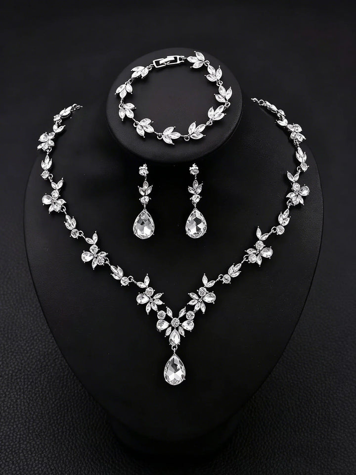 Ensemble de Bijoux de Mariée Élégant en Zircon - Collier, Boucles d'Oreilles et Bracelet 3 Pièces