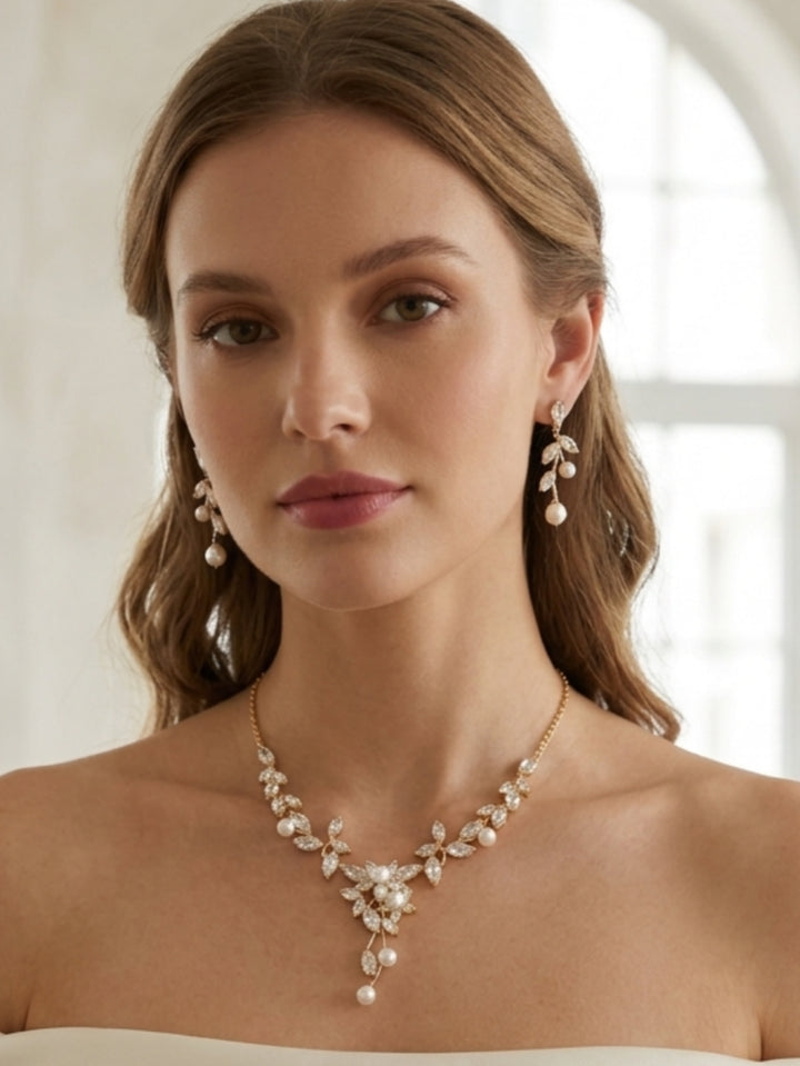 Ensemble de Bijoux de Mariée Élégante avec Motif Feuille en Zircon – Collier et Boucles d'Oreilles 2 Pièces