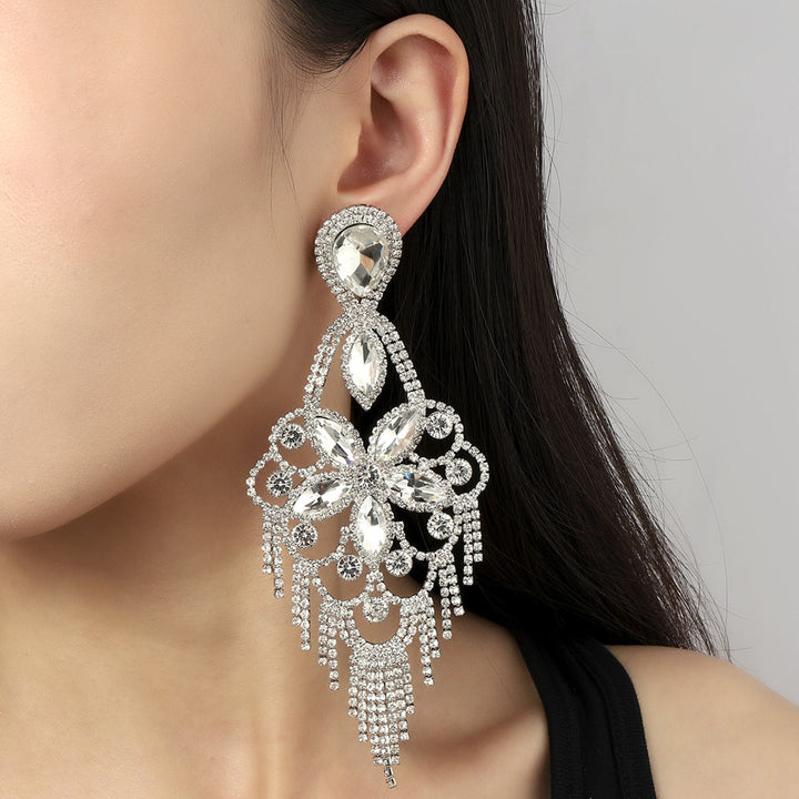Boucles D'Oreilles Pendantes Élégantes en Forme de Fleur avec Strass Exagérés