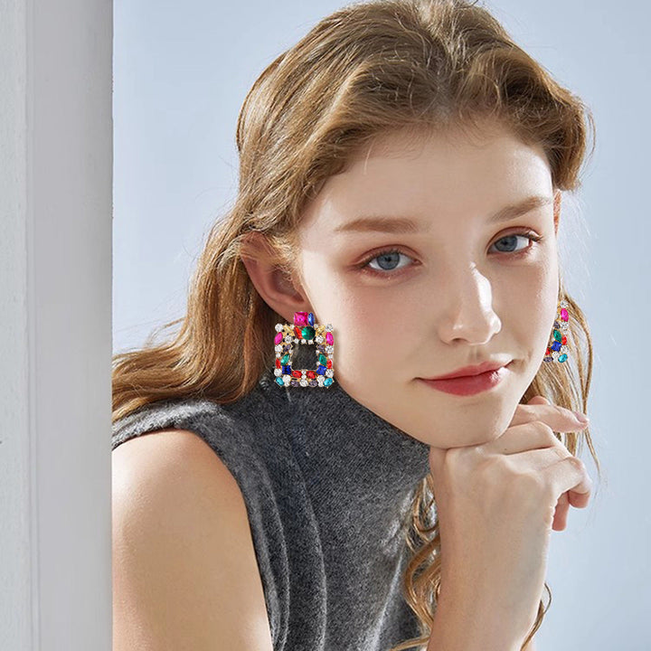 Boucles D'Oreilles Fantaisie en Alliage Carré Exagéré avec Strass