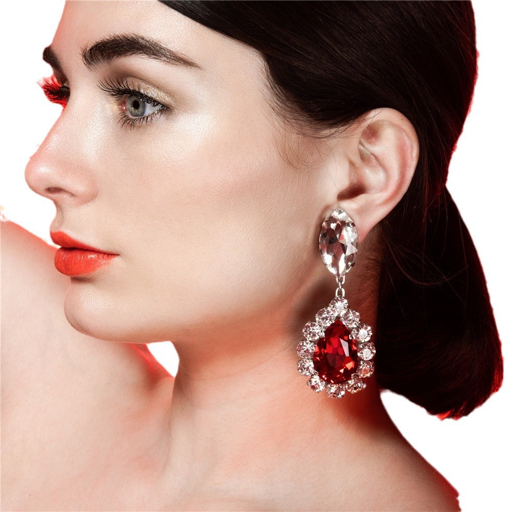Boucles D'Oreilles Pendantes en Strass Rouges de Luxe Haut de Gamme