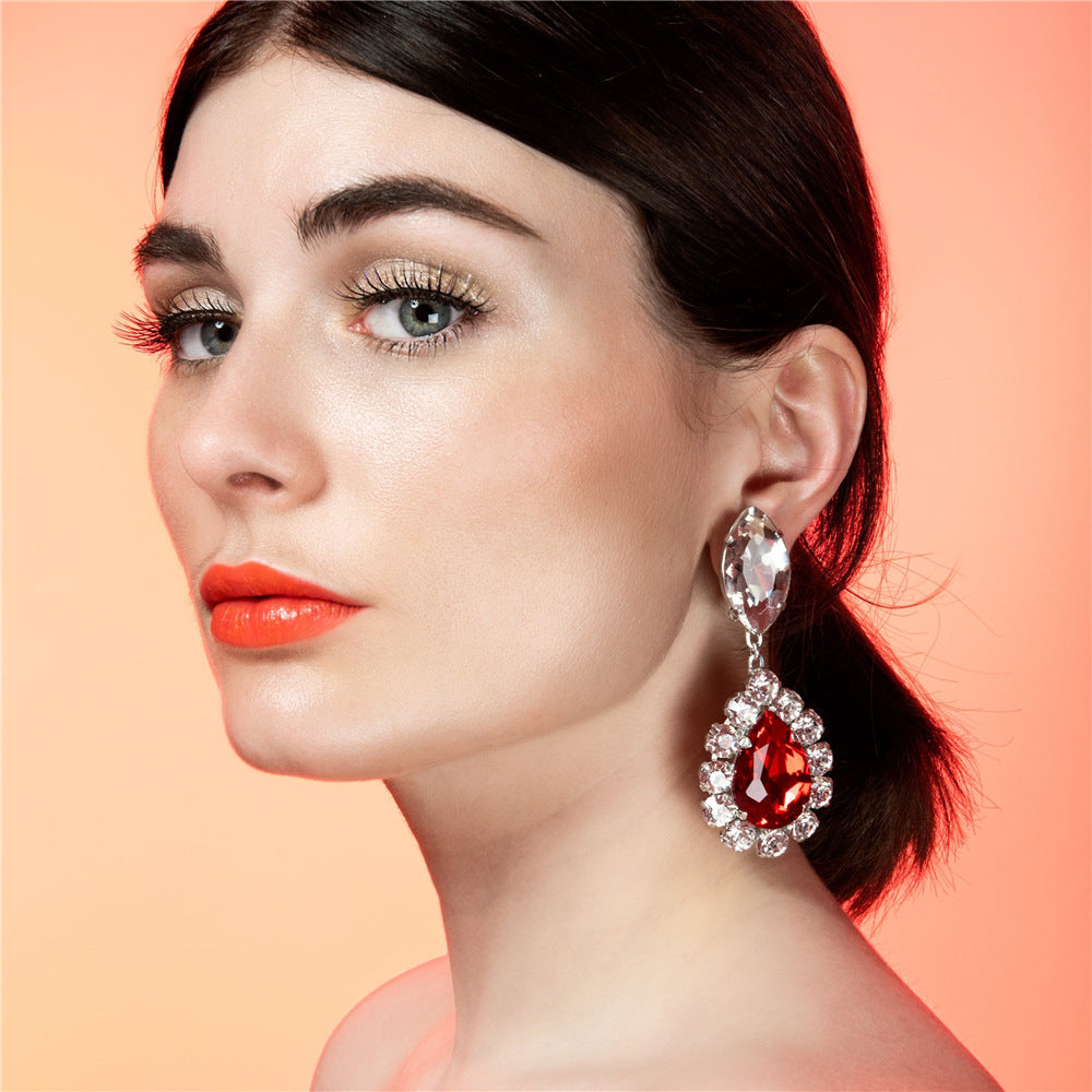 Boucles D'Oreilles Pendantes en Strass Rouges de Luxe Haut de Gamme
