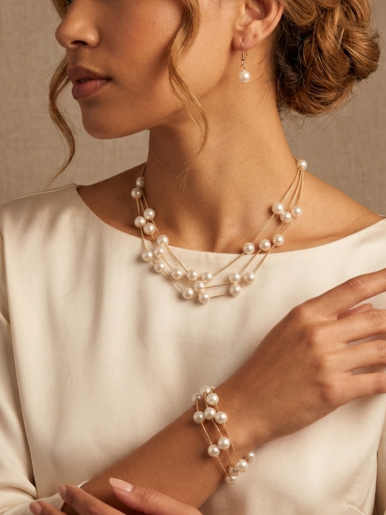 3 Pièces Ensemble de Bijoux de Mariage avec Perles pour Mariée et Demoiselle d'Honneur Collier Boucles d'Oreilles et Bracelet