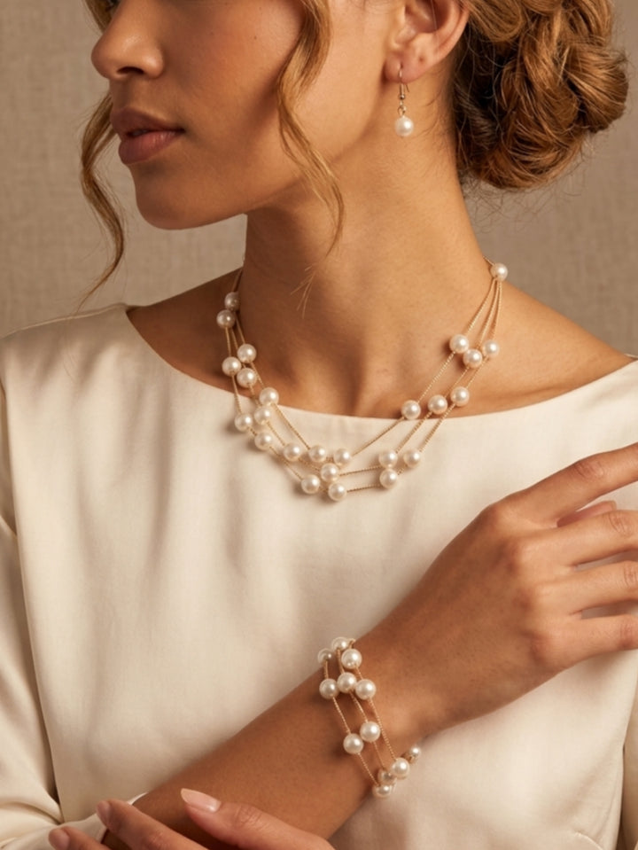 3 Pièces Ensemble de Bijoux de Mariage avec Perles pour Mariée et Demoiselle d'Honneur Collier Boucles d'Oreilles et Bracelet