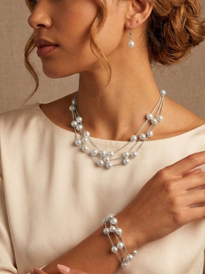 3 Pièces Ensemble de Bijoux de Mariage avec Perles pour Mariée et Demoiselle d'Honneur Collier Boucles d'Oreilles et Bracelet
