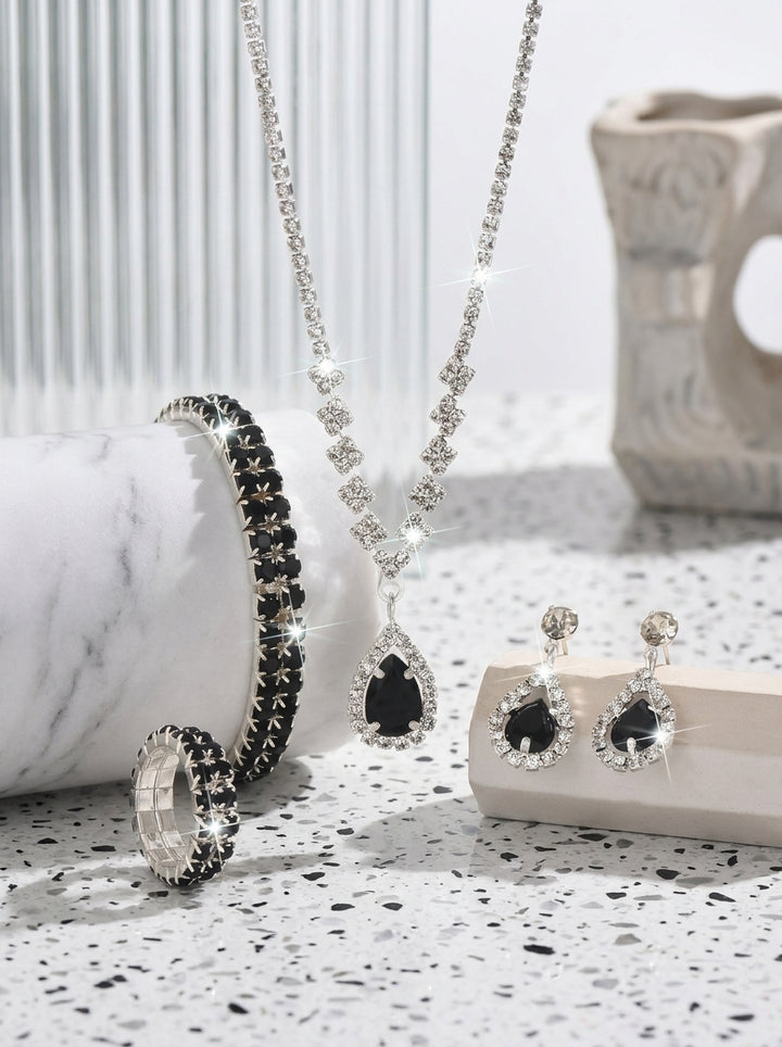 4 Pièces Ensemble de Bijoux de Mariage avec Strass pour Mariée et Demoiselle d'Honneur – Boucles d'Oreilles, Collier, Bracelet et Bague