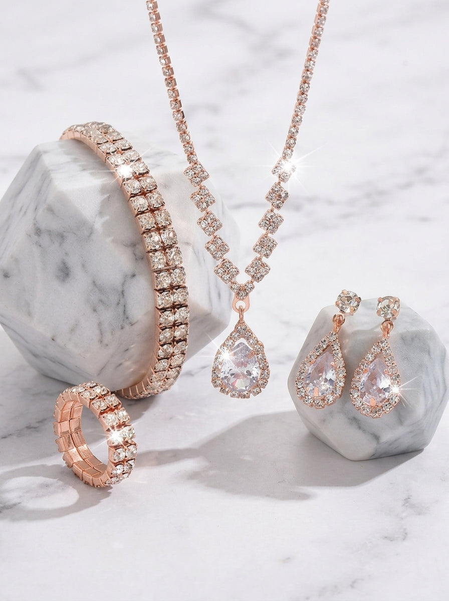 4 Pièces Ensemble de Bijoux de Mariage avec Strass pour Mariée et Demoiselle d'Honneur – Boucles d'Oreilles, Collier, Bracelet et Bague
