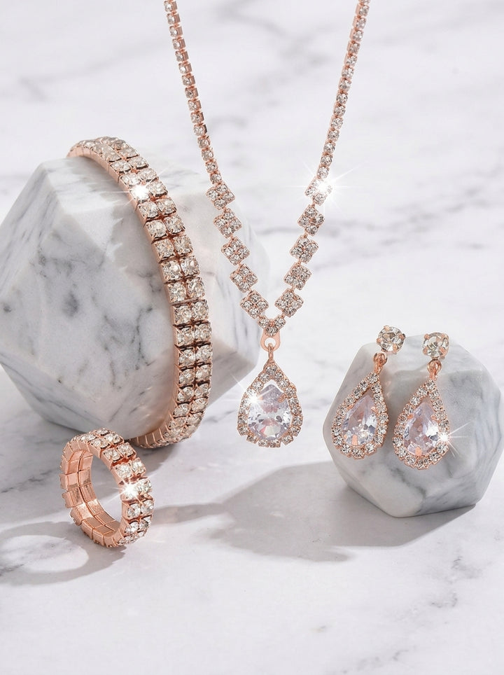 4 Pièces Ensemble de Bijoux de Mariage avec Strass pour Mariée et Demoiselle d'Honneur – Boucles d'Oreilles, Collier, Bracelet et Bague