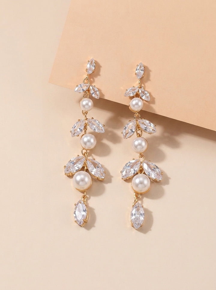 Boucles d'Oreilles Pendantes Longues en Zircon Cubique Forme Marquise pour Mariée et Demoiselles d'Honneur