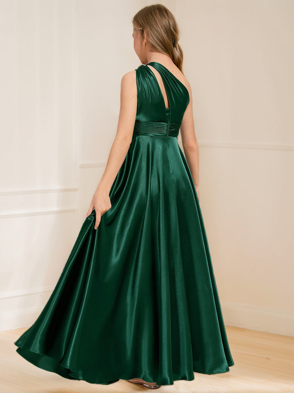 Robe de Demoiselle D'Honneur Junior Fille A-Line/Princess à Une Épaule Longueur Cheville avec Plis