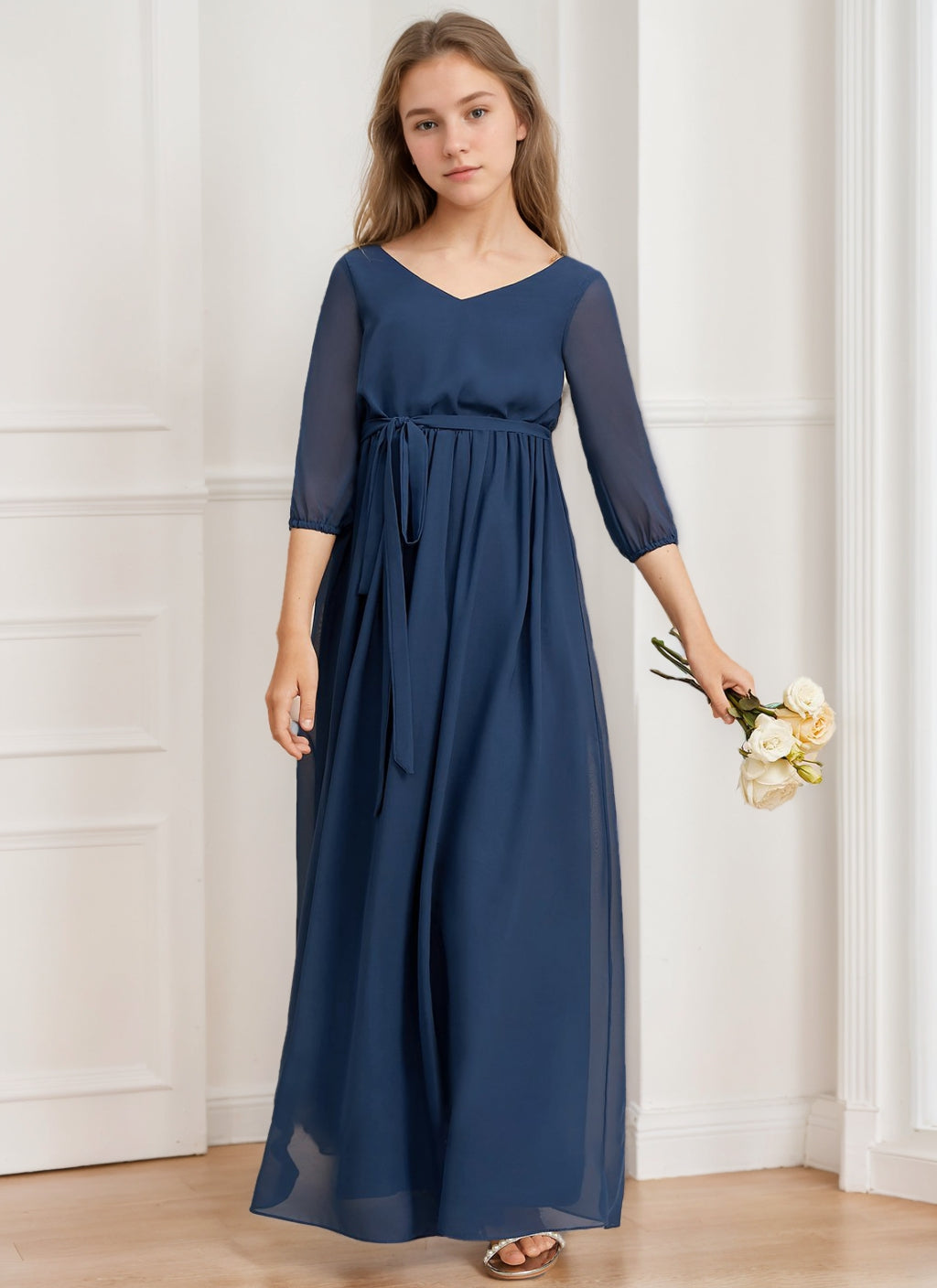 Robe de Demoiselle D'Honneur Junior Fille Coupe A-Line/Princess Col en V Manches 3/4 avec Ceinture