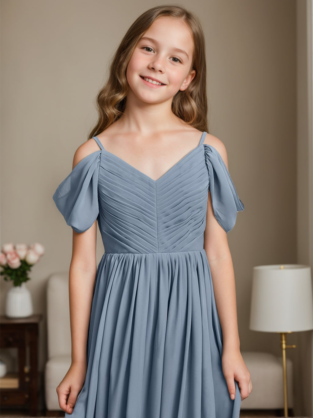 Robe de Demoiselle D'Honneur Junior à Épaules Dénudées, Coupe A-Line/Princesse, Col en V, avec Plis
