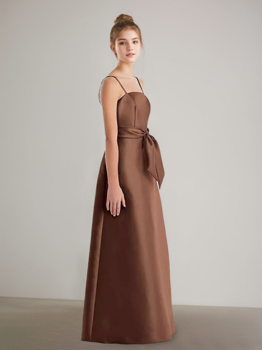 Robe demoiselle d'honneur junior ligne A, bretelles spaghetti, poches, ceinture